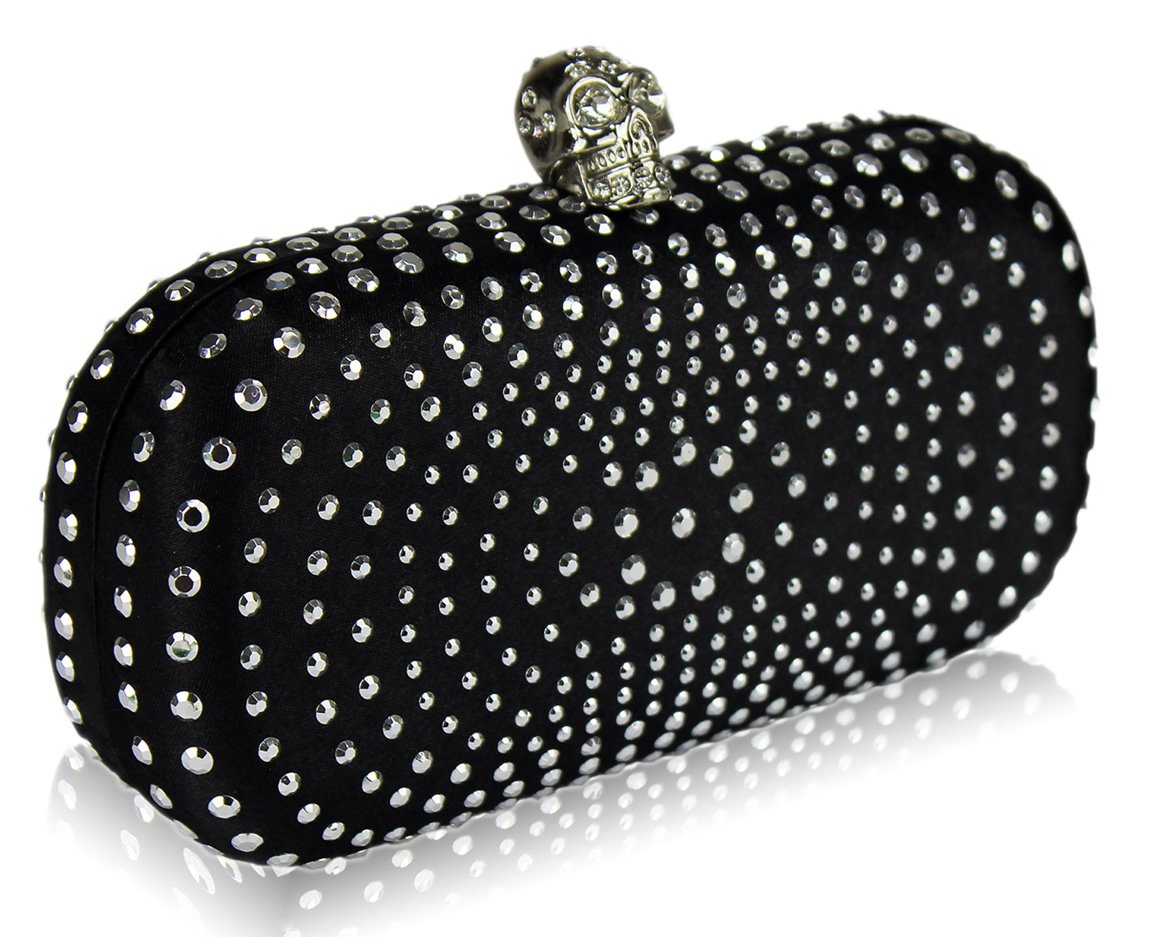 Wholesale Black Satin Clutch Bag With CrystalEncrusted Skull Clasp