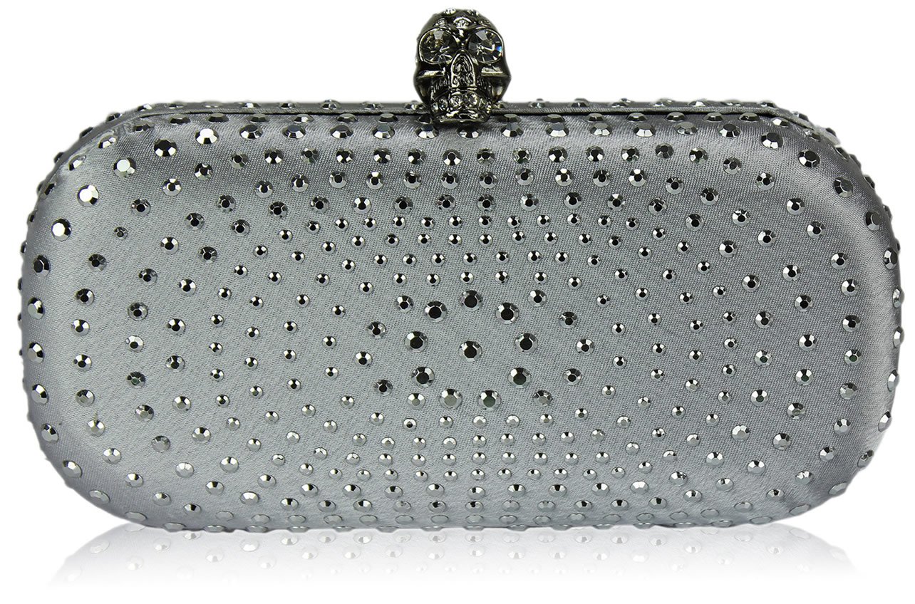 Wholesale Silver Satin Clutch Bag With Crystal-Encrusted Skull Clasp
