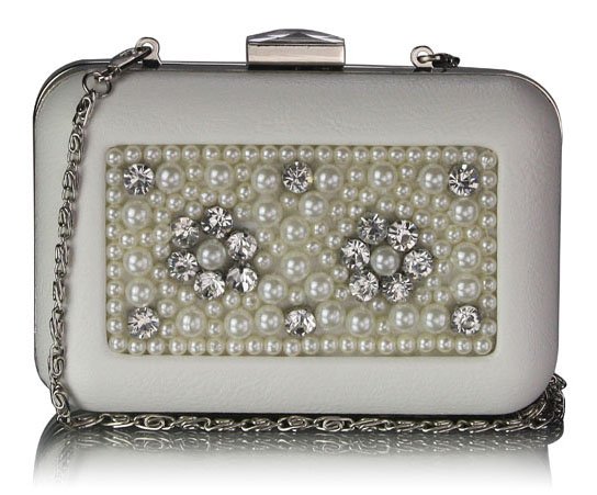 Wholesale White Beaded Box Clutch Bag With Crystal Decoration