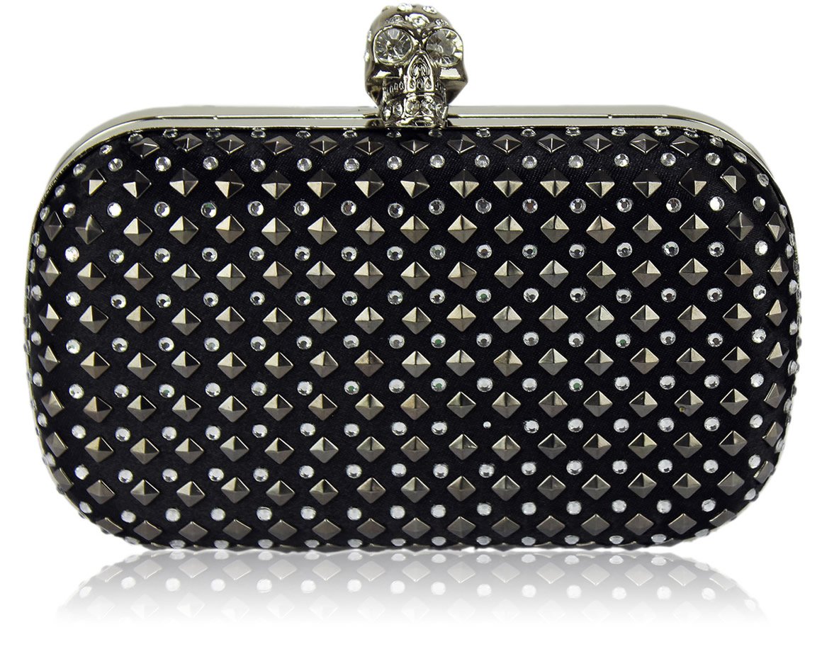 Wholesale Black Stud Clutch Bag With CrystalEncrusted Skull Clasp
