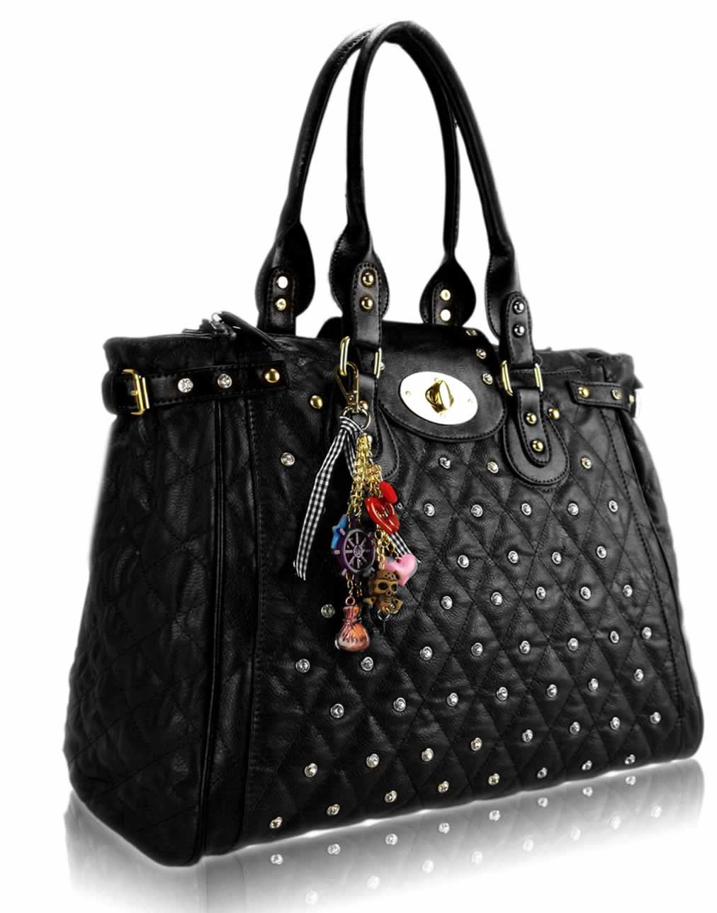 Wholesale Black Dual Handle Tote Handbag With Crystal Decoration