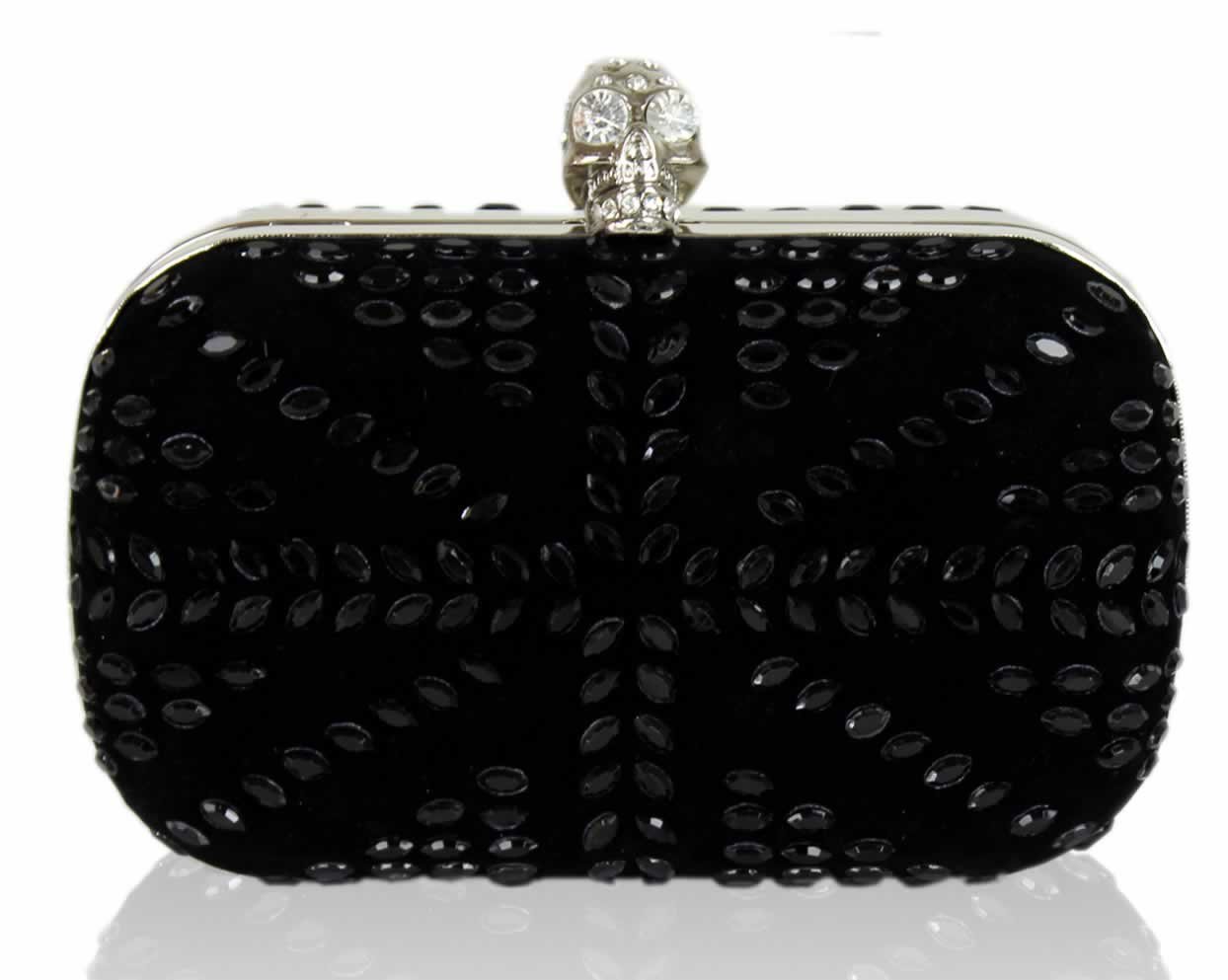 Wholesale Black Studded Clutch Bag With CrystalEncrusted Skull Clasp