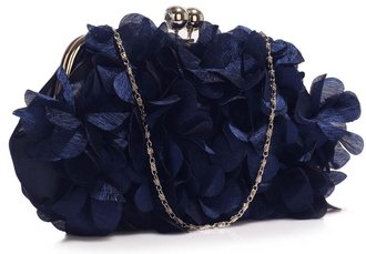 LSE00327 - Navy Kiss Lock Handbag Satin Flower Evening Clutch Bag