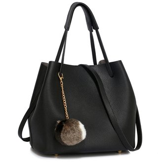 LS00190 - Black Hobo Bag With Faux-Fur Charm