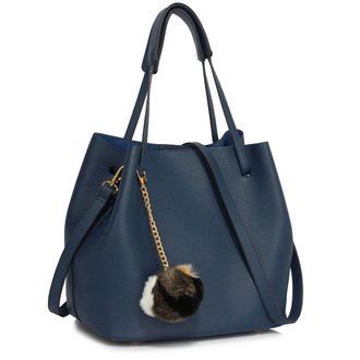 LS00190 - Navy Hobo Bag With Faux-Fur Charm