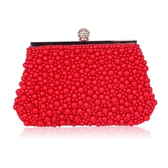 LSE00296 - Red Vintage Beads Pearls Crystals Evening Clutch Bag