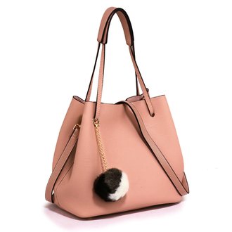 AG00190 - Pink Hobo Bag With Faux-Fur Charm