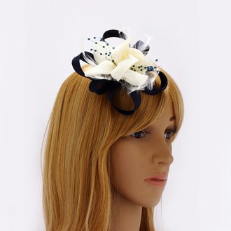 AGF00211 - Navy / Ivory Feather & Flower Fascinator