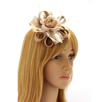 AGF00216 - Khaki Feather & Flower Hair Fascinator On Clip