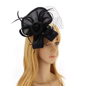 AGF00222 - Black Feather & Flower Hat Mesh Fascinator