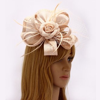 AGF00222 - Nude Feather & Flower Hat Mesh Fascinator