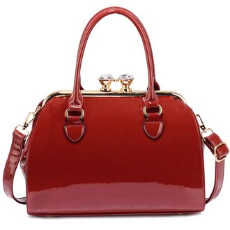AG00378 - Burgundy Patent Satchel With Metal Frame