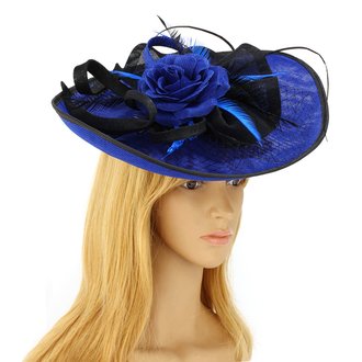 AGF00230 - Royal Blue / Black Feather & Flower Mesh Hat Fascinator