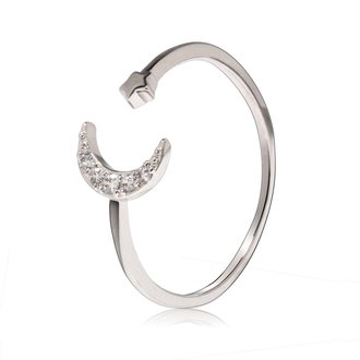 AGR0047 - Silver Crystal Adjustable Moon & Star Ring