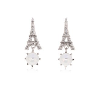 AGE0022 - Silver Sparkling Crystal Pearl Eiffel Tower Earring