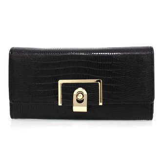 AGP1092 - Black Flap Crocodile Purse With Gold Metal Work