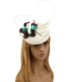 AGF00241 - Ivory / Purple / Green Mesh Feather Hat Fascinator