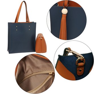 Wholesale Navy / Brown Fashion Tote Bag With Tassel AG00594