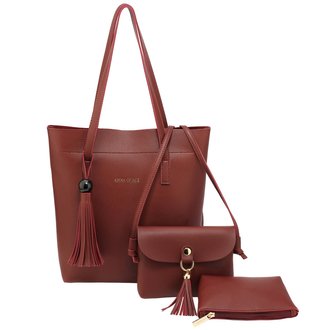 AG00612 - 3 Pieces Set Burgundy Women's Fashion Handbags