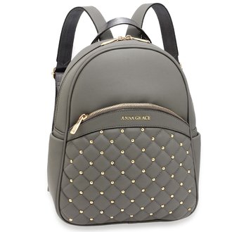 AG00590 - Grey Quilt & Stud Backpack School Bag