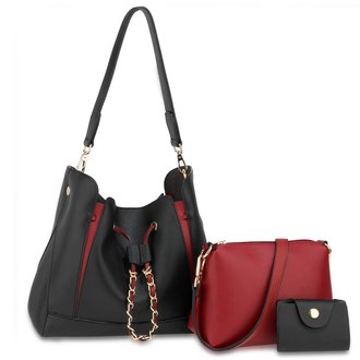 AG00670 - 3 Pieces Set Black / Burgundy Women's Fashion Handbags
