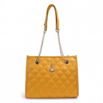 AG00777 - Yellow Quilted Shoulder Bag With Flower Decoration