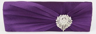 LSE0077 - Purple Ruched Satin Clutch With Crystal Flower