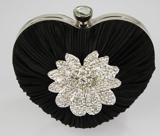 LSE0084 - Black Crystal Flower Hardcase Heart Clutch Bag