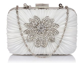 LSE006 - Ivory Gorgeous Satin Rouched Brooch Hard Case Evening Bag
