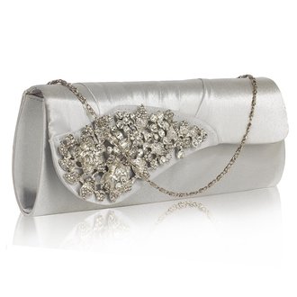 LSE0078 - Silver Ruched Satin Clutch With Crystal Flower