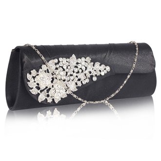 LSE0078 - Black Ruched Satin Clutch With Crystal Flower