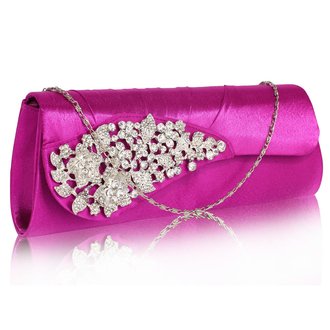 LSE0078 - Purple Ruched Satin Clutch With Crystal Flower