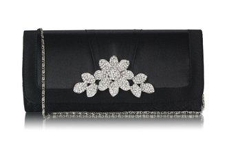 LSE0094 - Black Crystal Flower Evening Clutch Bag