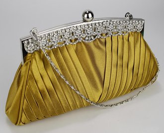 LSE00111 - Gold Ruched Satin Clutch With Crystal Decoration