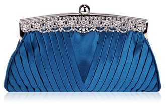 LSE00111 - Teal  Ruched Satin Clutch With Crystal Decoration