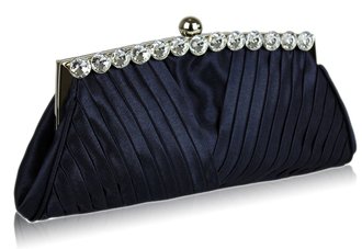 LSE00127 - Navy Ruched Satin Clutch With Crystal Decoration