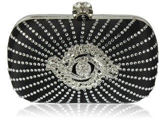 LSE00136-Black Satin Clutch Bag With Crystal-Encrusted Skull Clasp