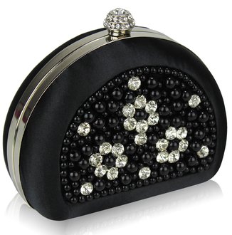 LSE00153 - Black Beaded Pearl Rhinestone Clutch Bag