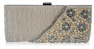 LSE00161-Champagne Satin Beaded Clutch Bag With Crystal Decoration