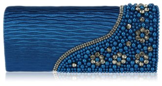 LSE00160-Teal Satin Beaded Clutch Bag With Crystal Decoration