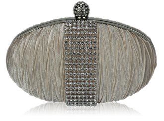 LSE0044 - Nude Ruched Satin Clutch With Crystal Trim