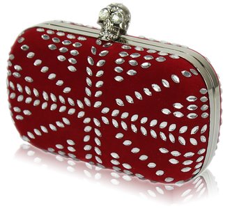 LSE00168-Wholesale & B2B Red Studded Clutch Bag With Crystal-Encrusted Skull Clasp Supplier & Manufacturer