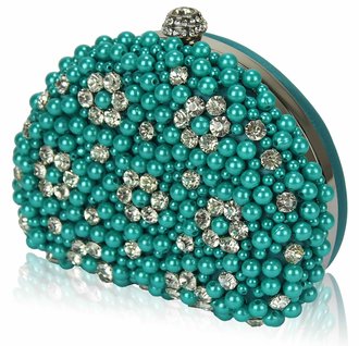 LSE00173 - Turquoise  Beaded Pearl Rhinestone Clutch Bag