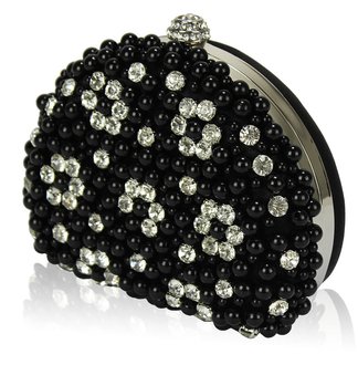 LSE00173 - Black  Beaded Pearl Rhinestone Clutch Bag