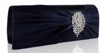 LSE0077 - Navy Ruched Satin Clutch With Crystal Flower