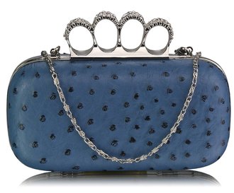 LSE00188 - Navy Ostrich Skin Knuckle Clutch/Crossbody purse
