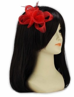 LSH00153 - Red Feather & Mesh Flower Fascinator on Clip