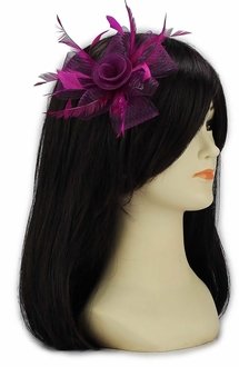 LSH00148 - Fuchsia Feather & Mesh Flower Fascinator on Clip