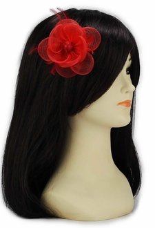 LSH00147- Red Feather & Mesh Flower Fascinator on Clip