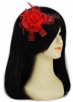LSH00154- Red Feather & Mesh Flower Fascinator on Clip
